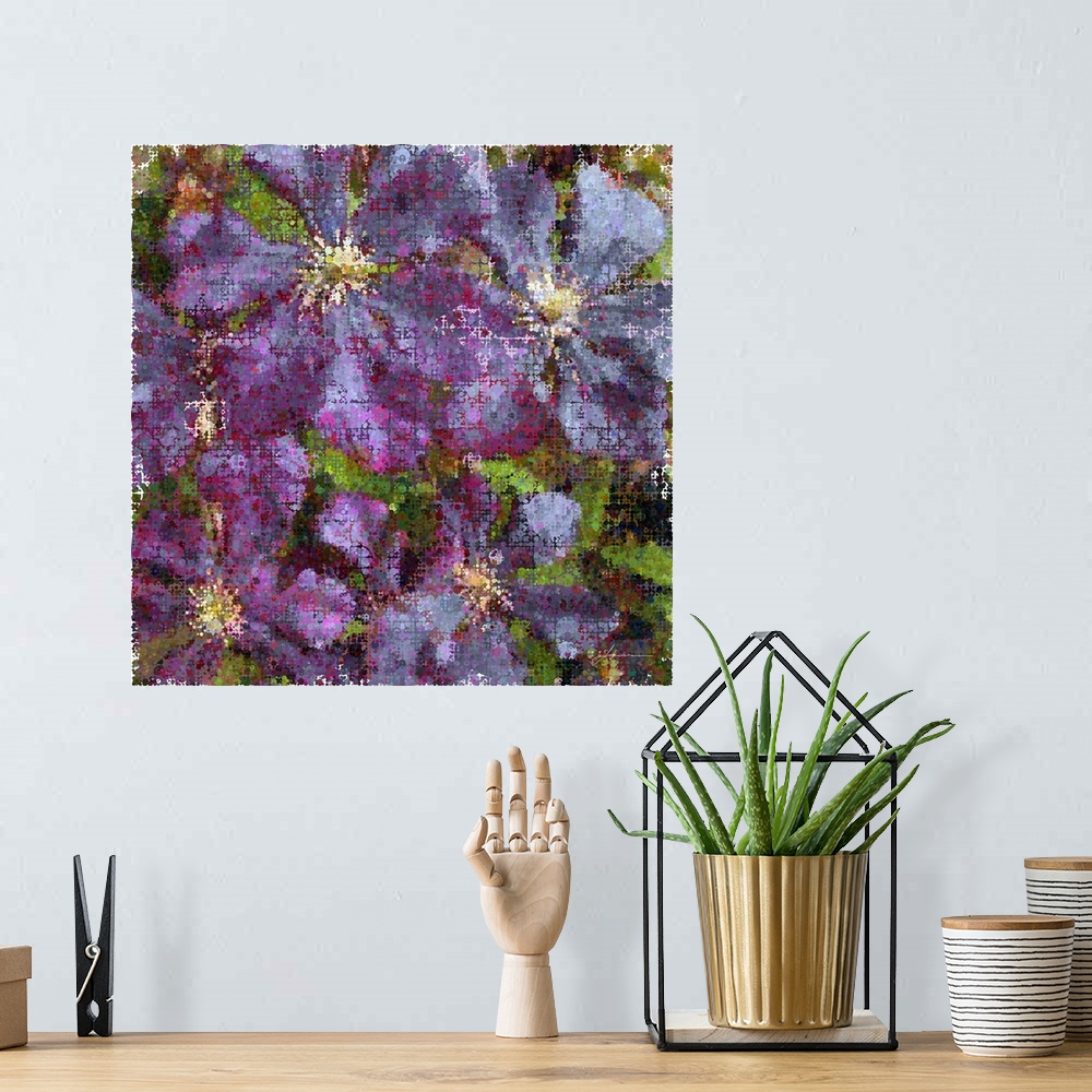 A bohemian room featuring Modern pointillism. Clusters of flowers made of overlapping circles.