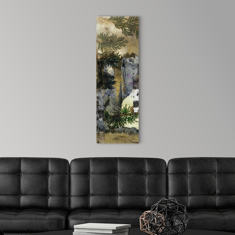 A modern room featuring A collage of Asian symbols and natural branches.