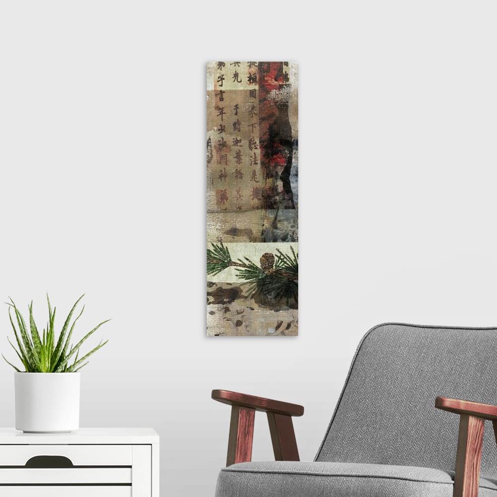 A modern room featuring A collage of Asian symbols and natural branches.