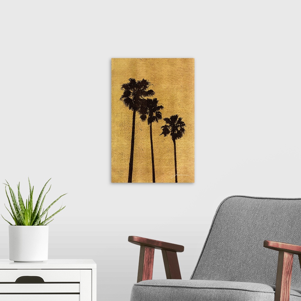 A modern room featuring Tropical palm tree silhouettes on a gold background.