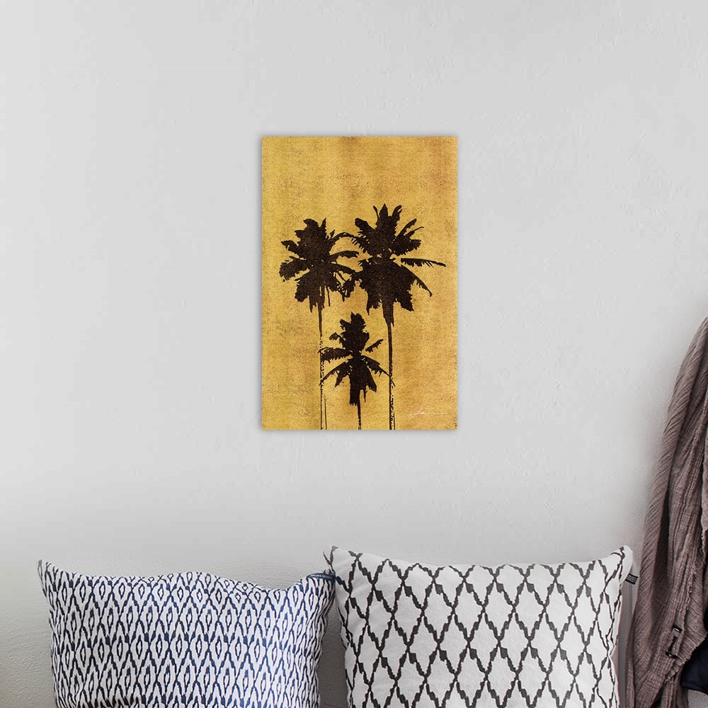 A bohemian room featuring Tropical palm tree silhouettes on a gold background.