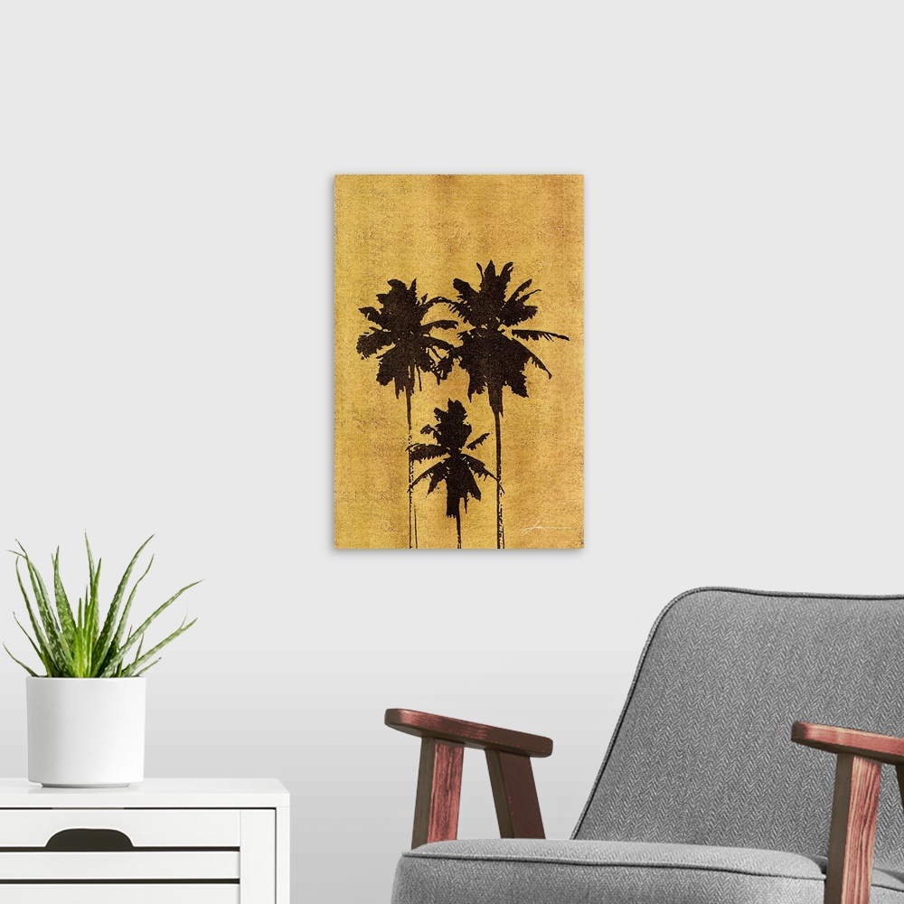 A modern room featuring Tropical palm tree silhouettes on a gold background.