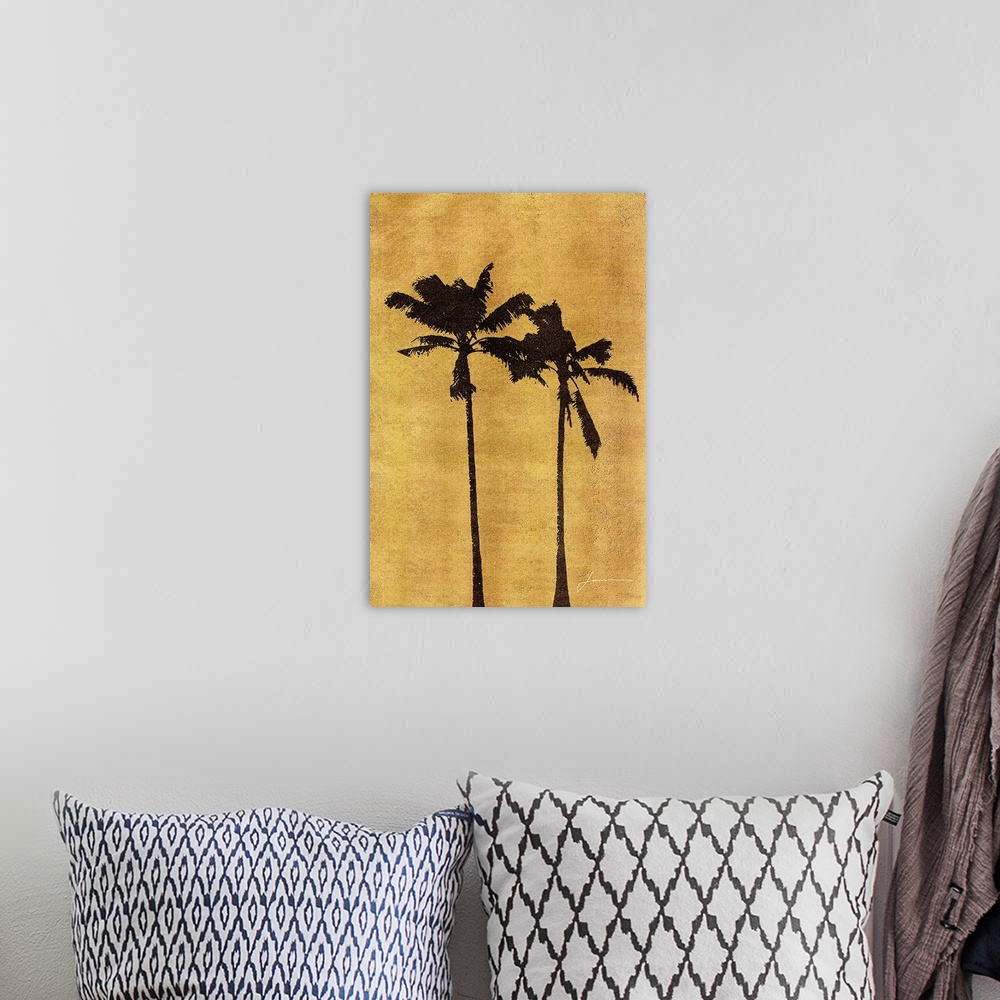 A bohemian room featuring Tropical palm tree silhouettes on a gold background.