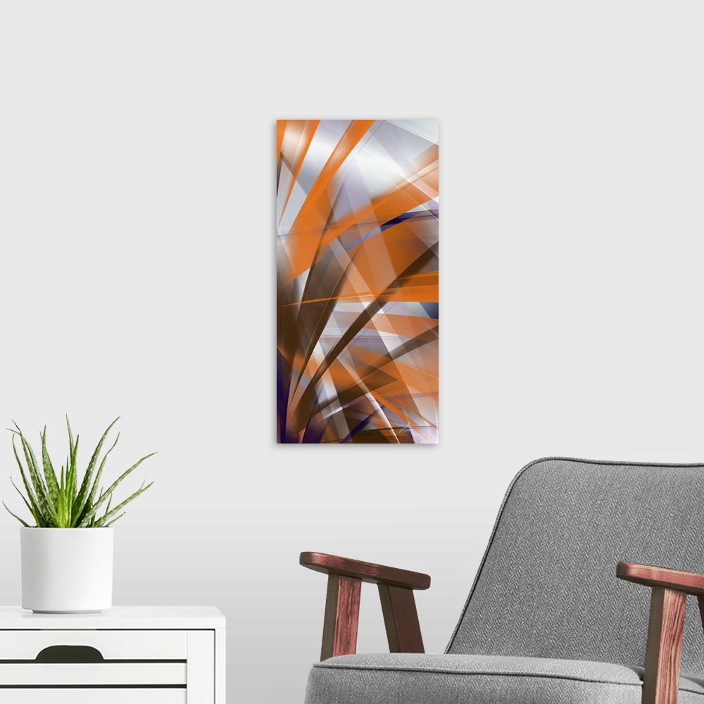 A modern room featuring An abstract Bird of Paradise panel.