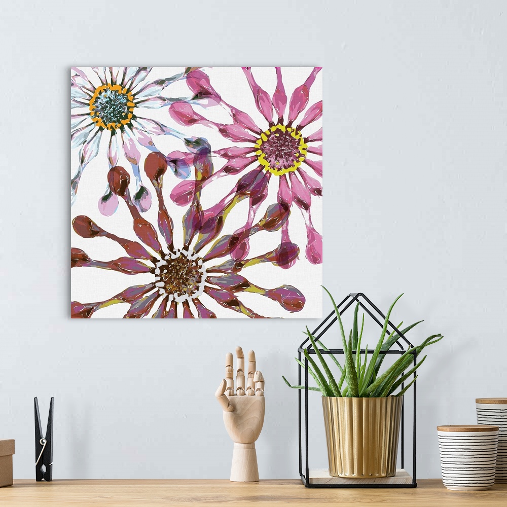 A bohemian room featuring Abstract flowers overlap on a field of white.