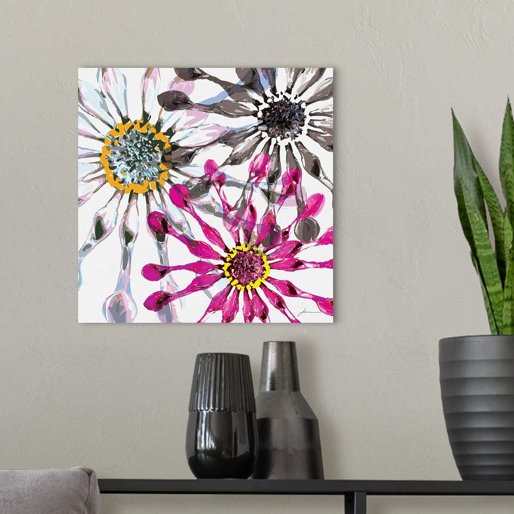 A modern room featuring Abstract flowers overlap on a field of white.