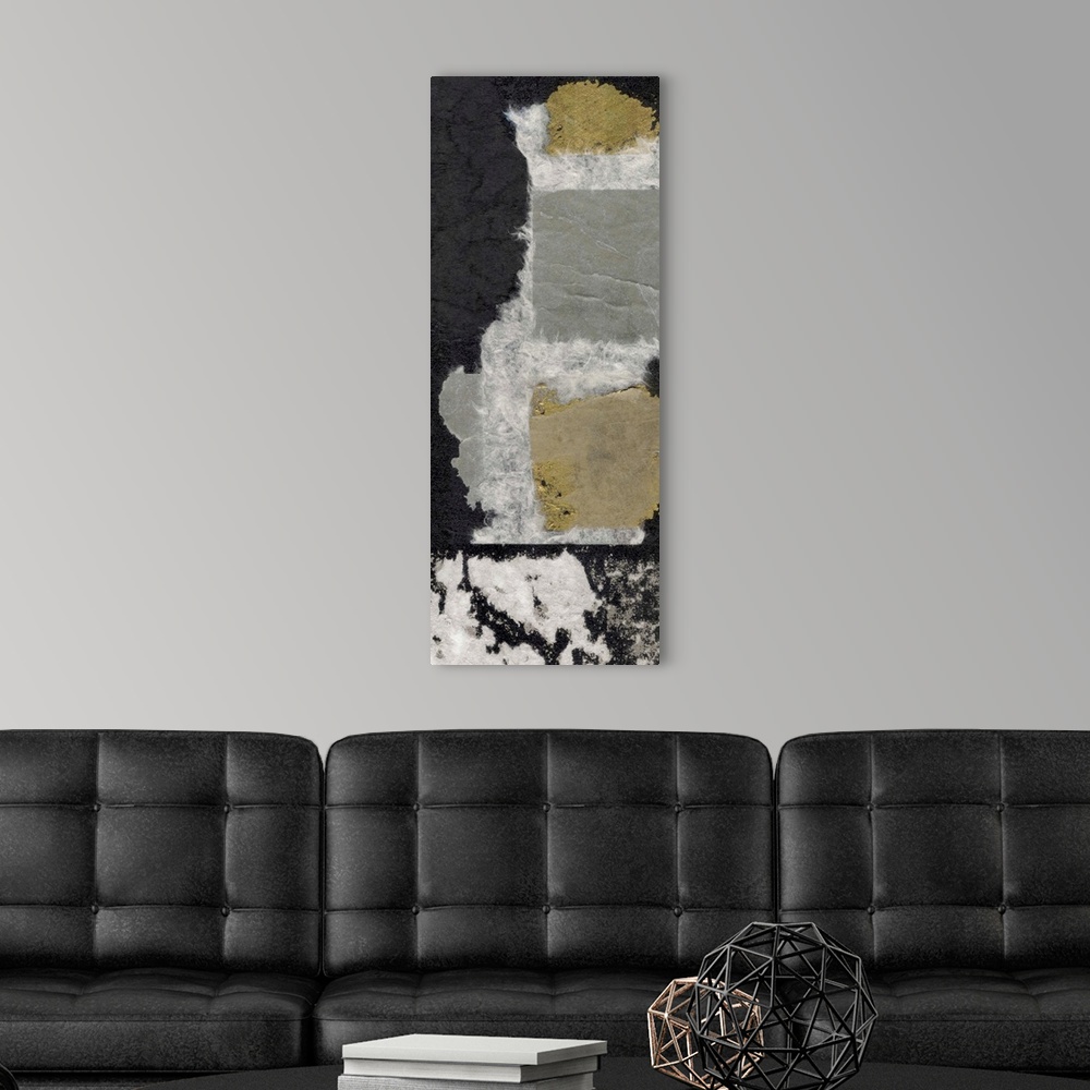 A modern room featuring A high-contrast collage of contrasting metallic papers.