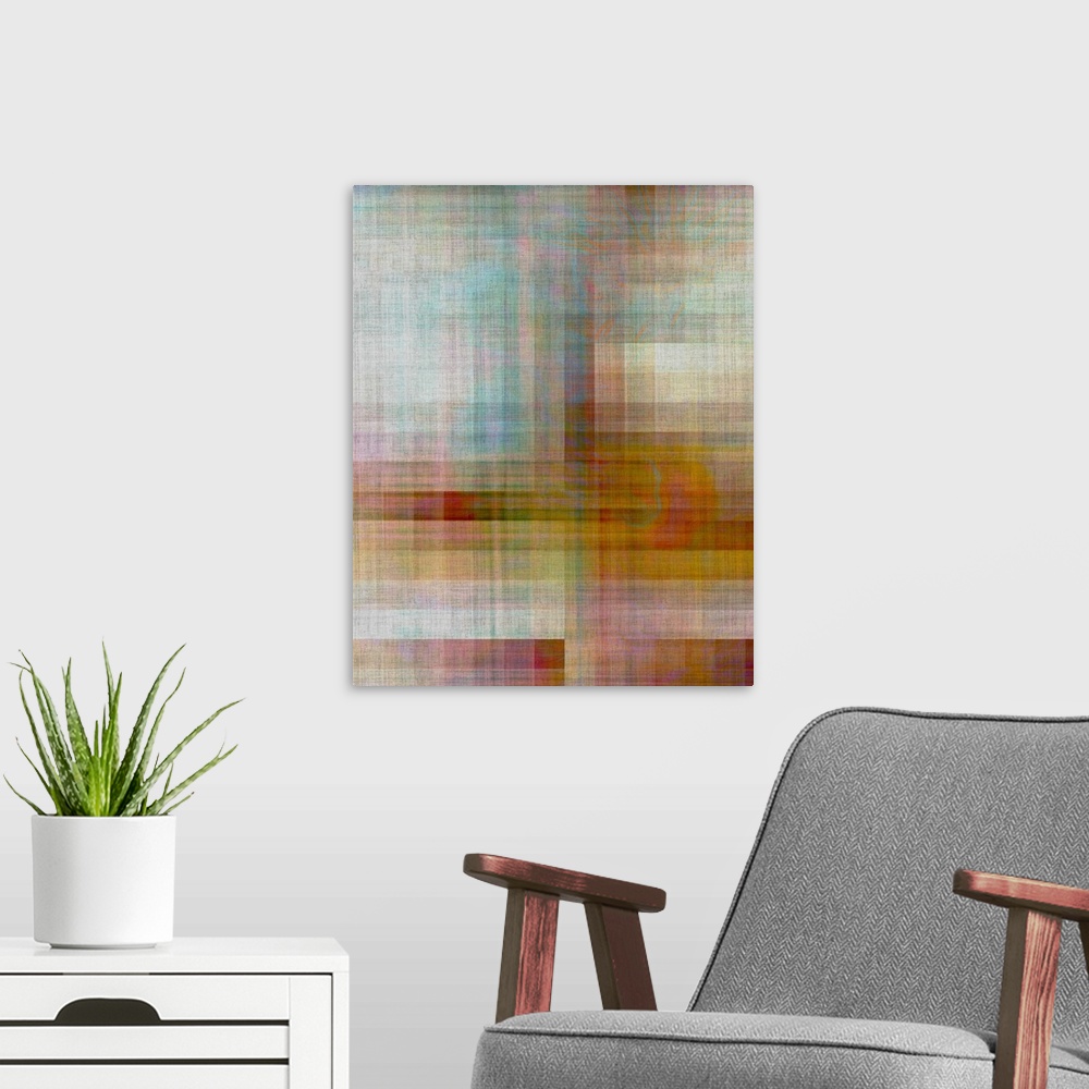 A modern room featuring Pixelated light and color create an abstract cityscape.