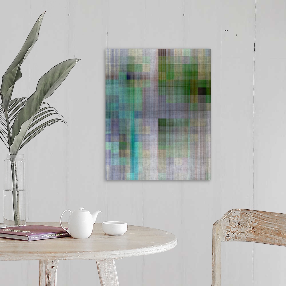 A farmhouse room featuring Pixelated light and color create an abstract cityscape.