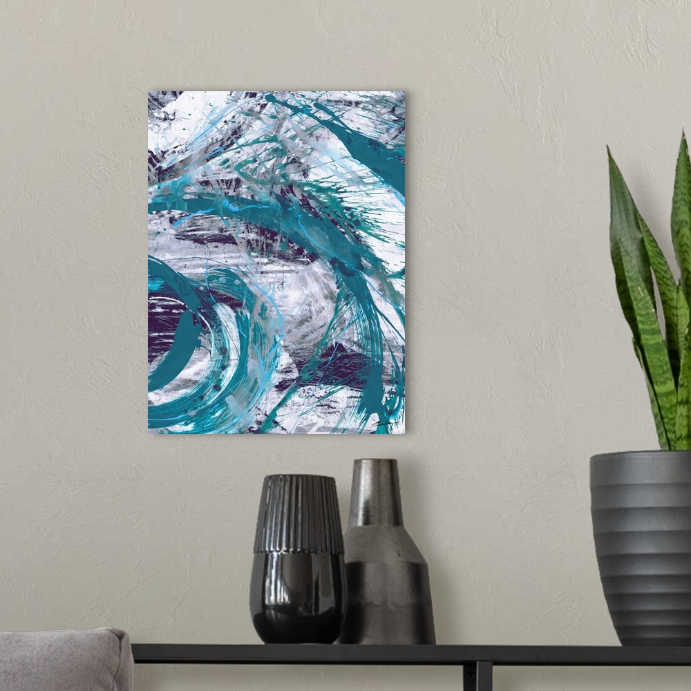 A modern room featuring An energized contemporary abstract in teal and gray.