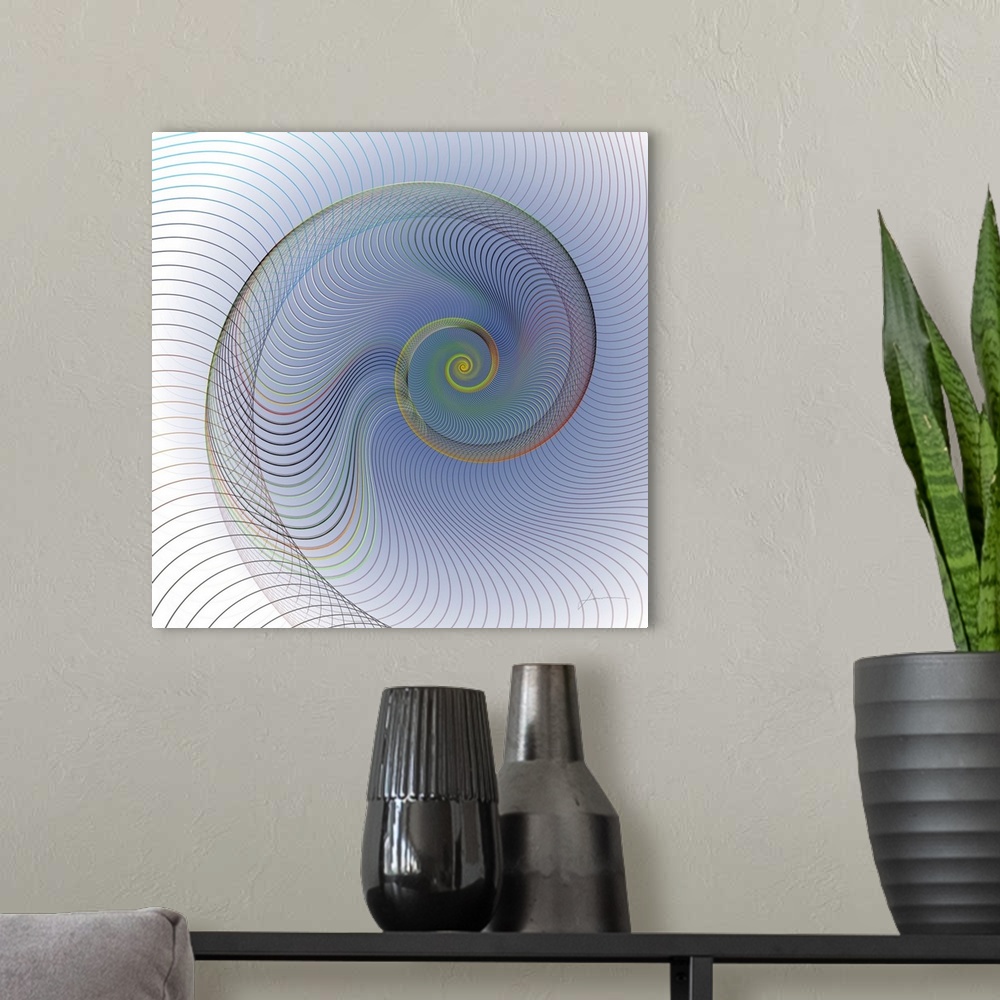 A modern room featuring A spiraling abstract nautilus shell made of flowing lines.