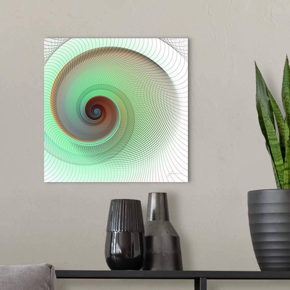 A modern room featuring A spiraling abstract nautilus shell made of flowing lines.
