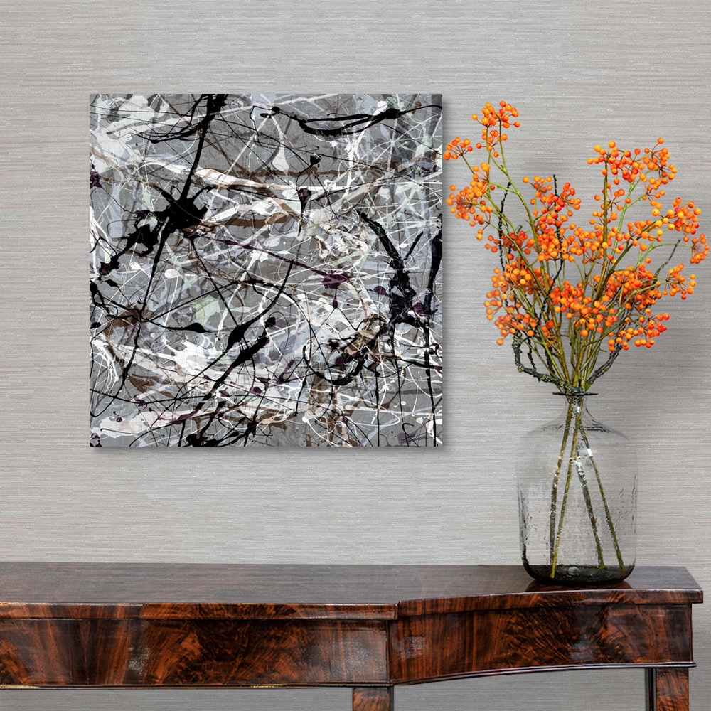 A traditional room featuring An homage to the style of Jackson Pollock in black and white.