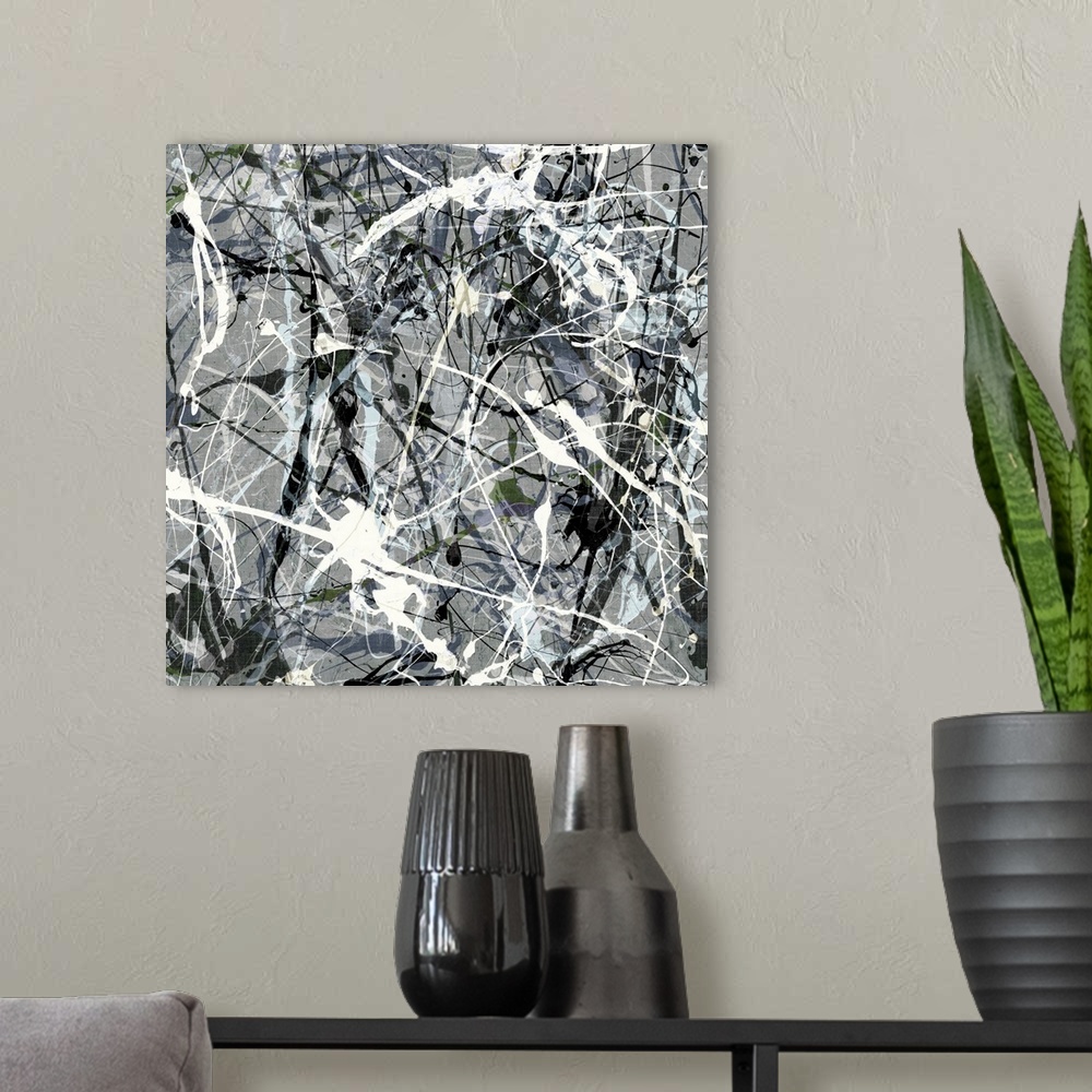 A modern room featuring An homage to the style of Jackson Pollock in black and white.