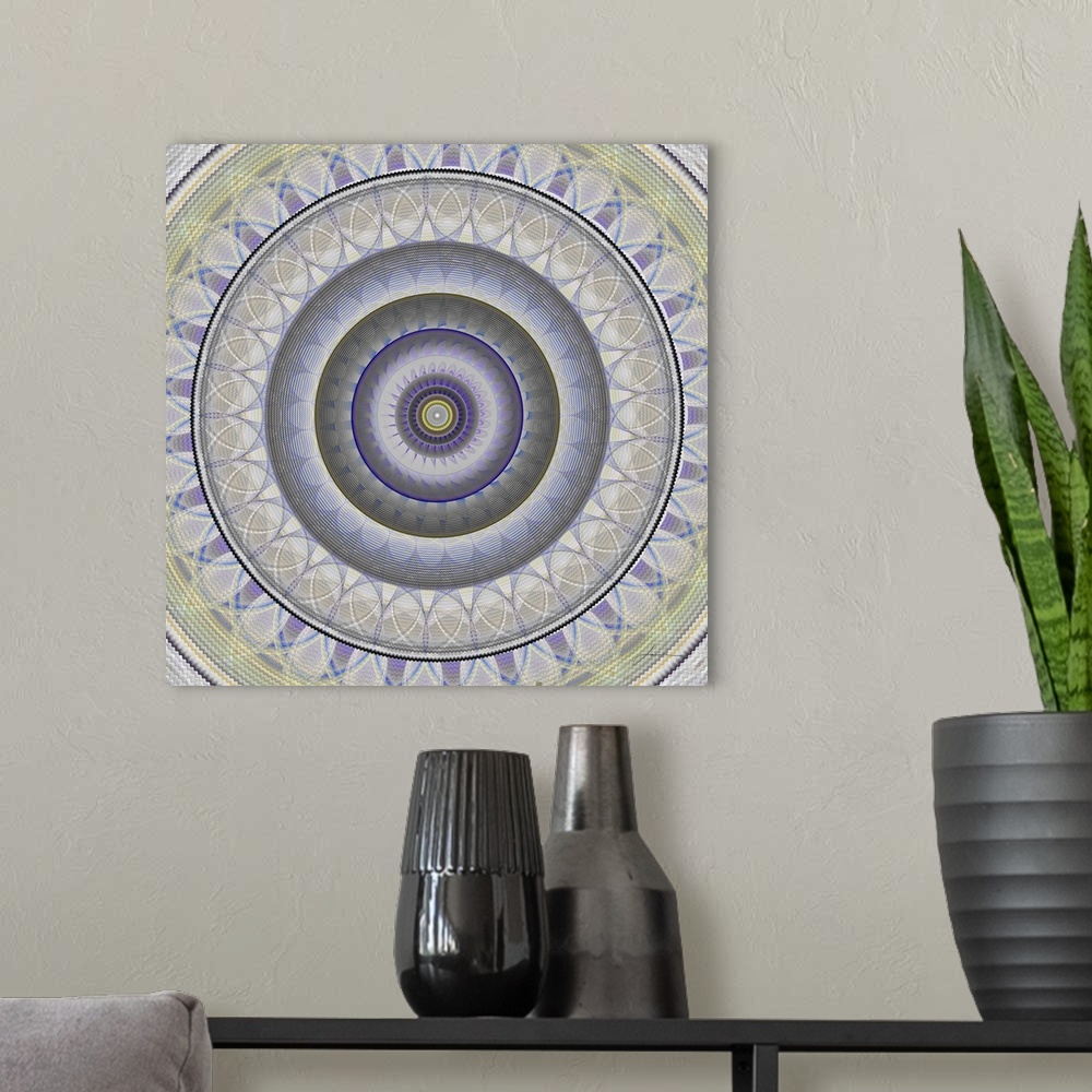 A modern room featuring Concentric circles and patterns form a modern mandala.