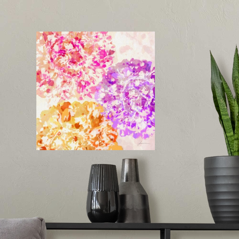 A modern room featuring Abstract floral clusters in soft vibrant colors.
