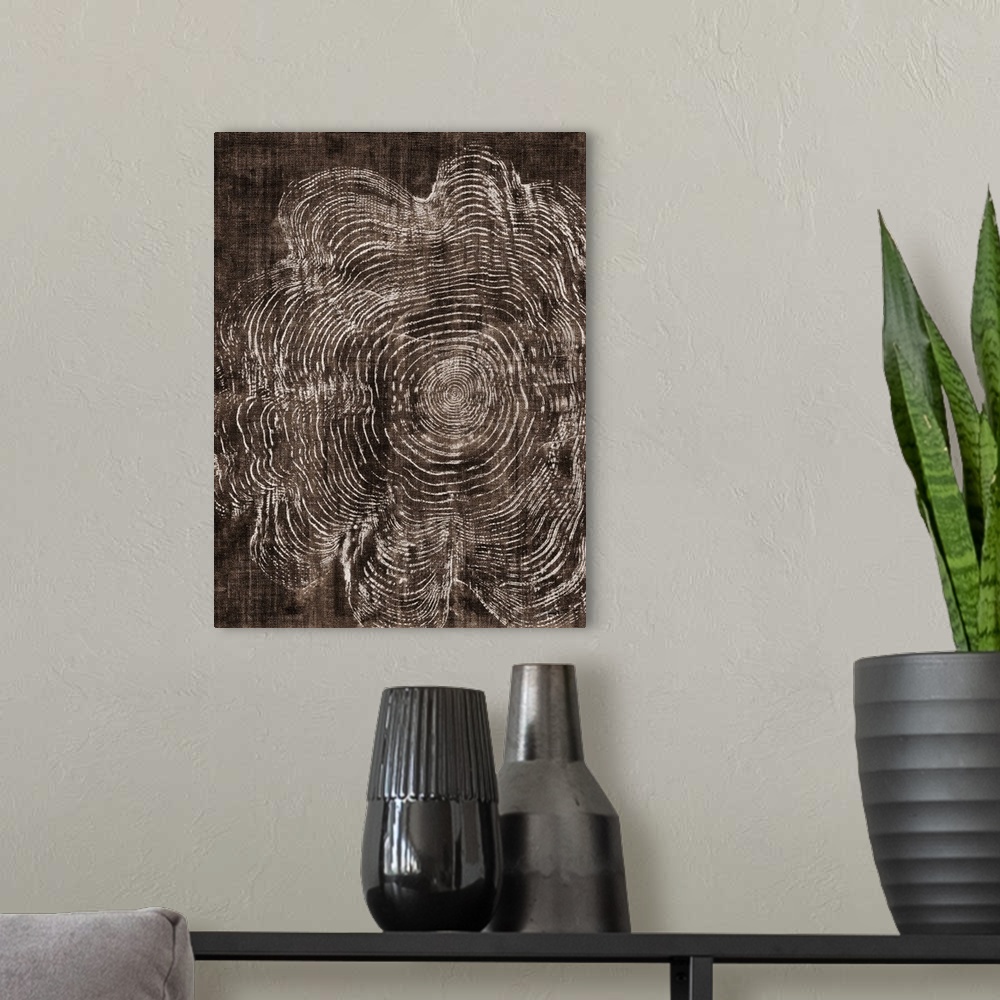 A modern room featuring A charcoal rubbing of ancient tree rings.