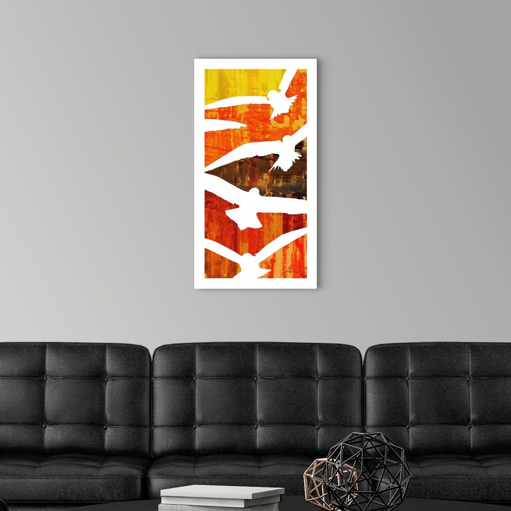 A modern room featuring Birds in-flight divide the canvas into orange and red blocks of color.
