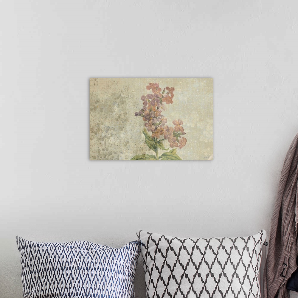 A bohemian room featuring Faded blossoms on a pastel linen canvas.