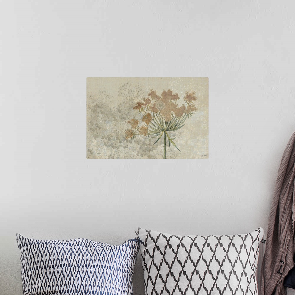 A bohemian room featuring Faded blossoms on a pastel linen canvas.
