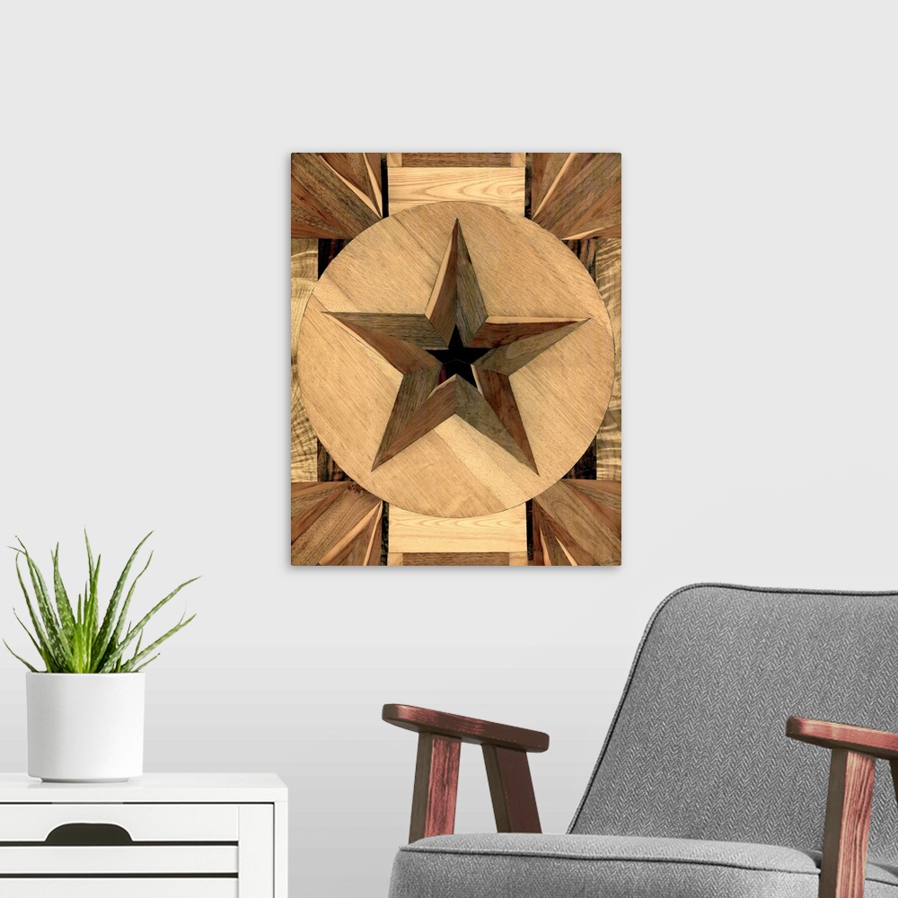 A modern room featuring A western star with a stunning array of different types of wood collaged together to form this st...