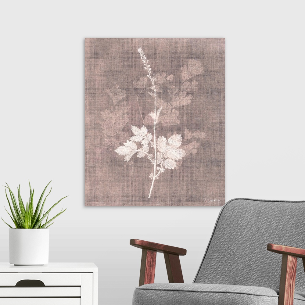 A modern room featuring A faded botanical graces the canvas in simplicity.