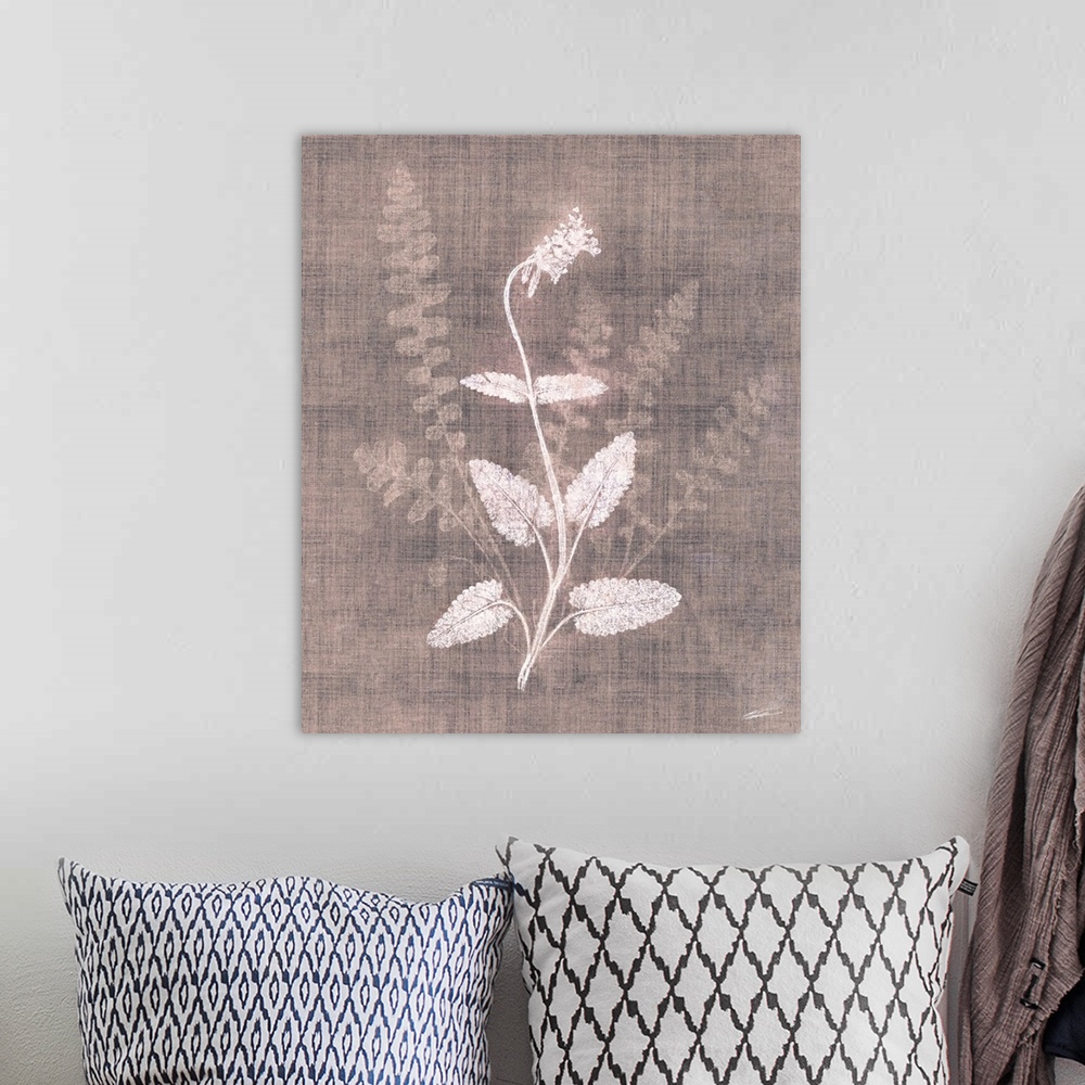 A bohemian room featuring A faded botanical graces the canvas in simplicity.
