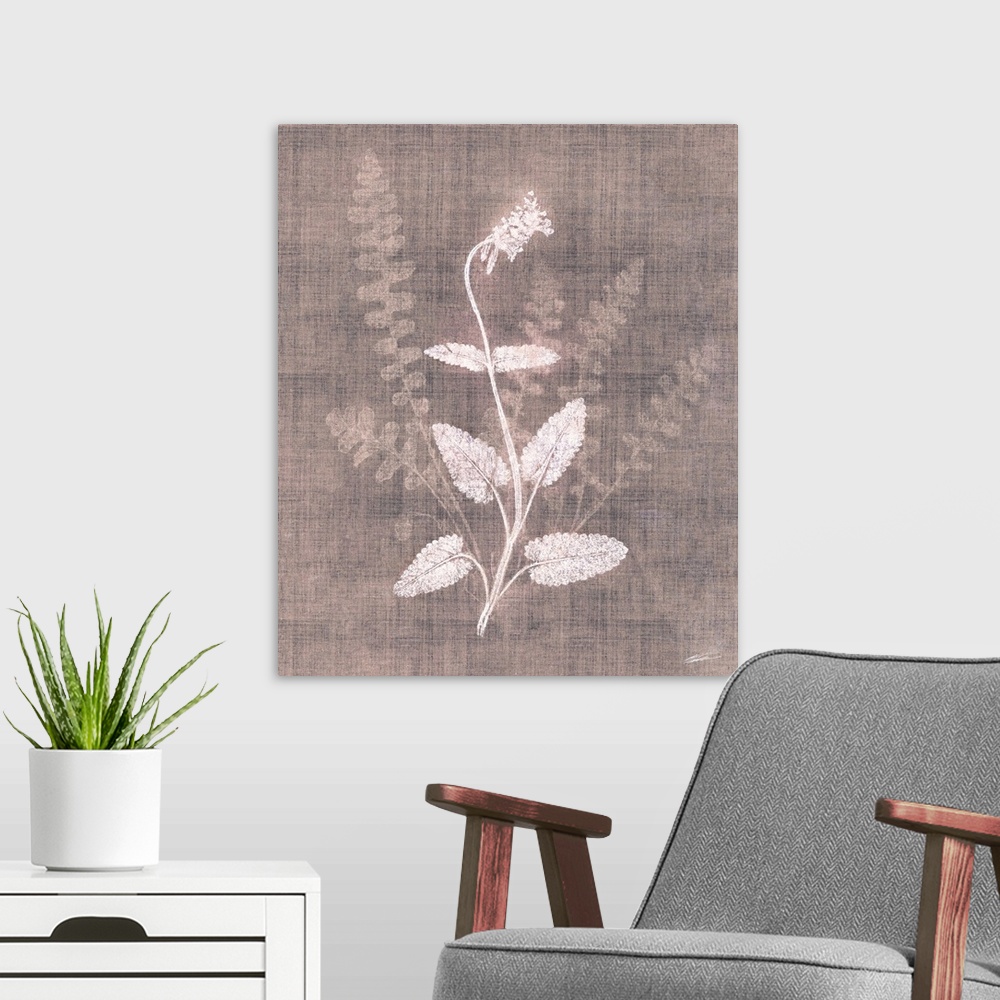 A modern room featuring A faded botanical graces the canvas in simplicity.