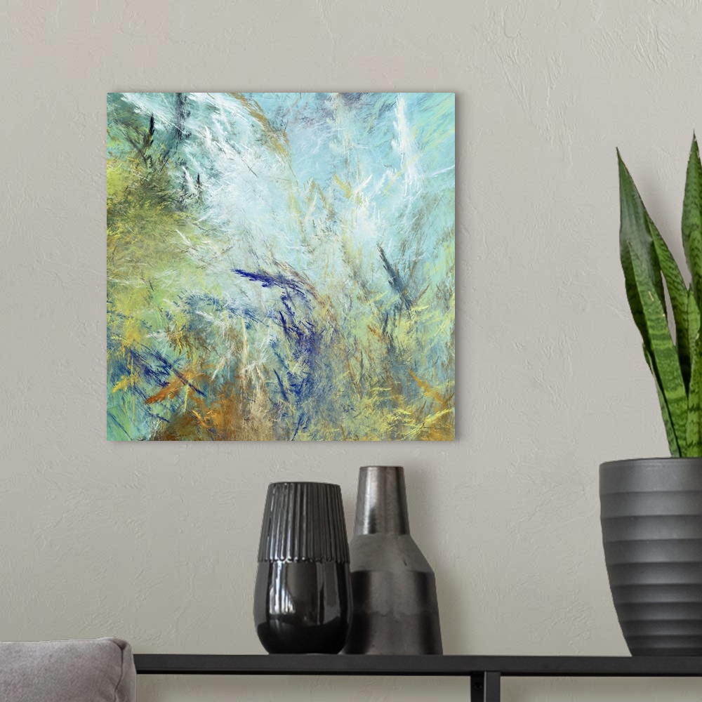 A modern room featuring An abstract panel with botanical and cloud overtones.