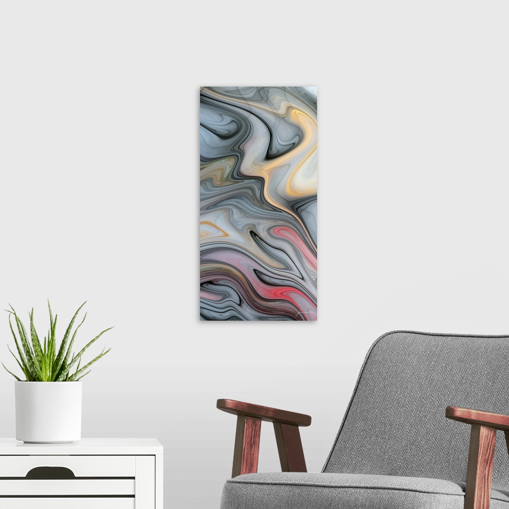 A modern room featuring Swirling neutral colors like an abstract oil slick.