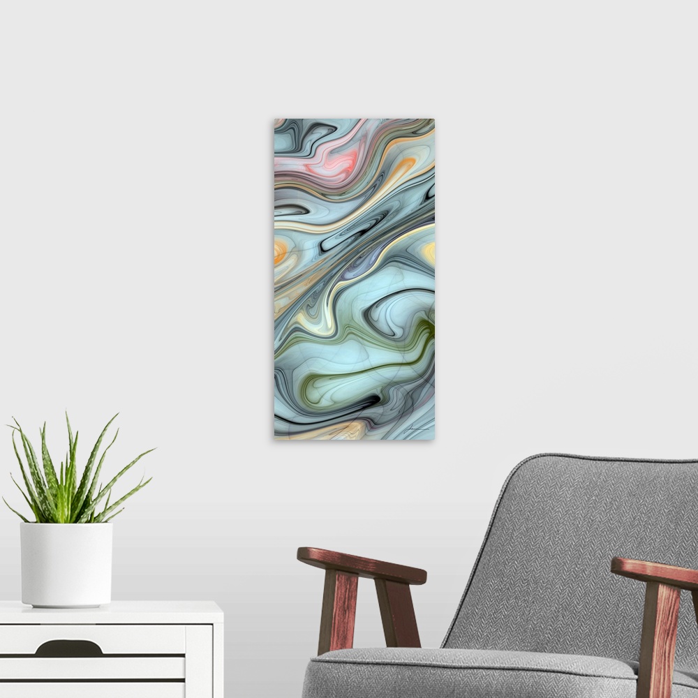 A modern room featuring Swirling neutral colors like an abstract oil slick.