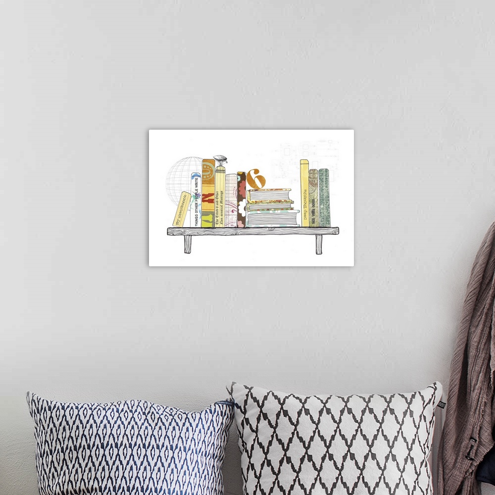 A bohemian room featuring A mixed media poster and art print of an interpretation of a stack of books on a shelf. Illustrat...