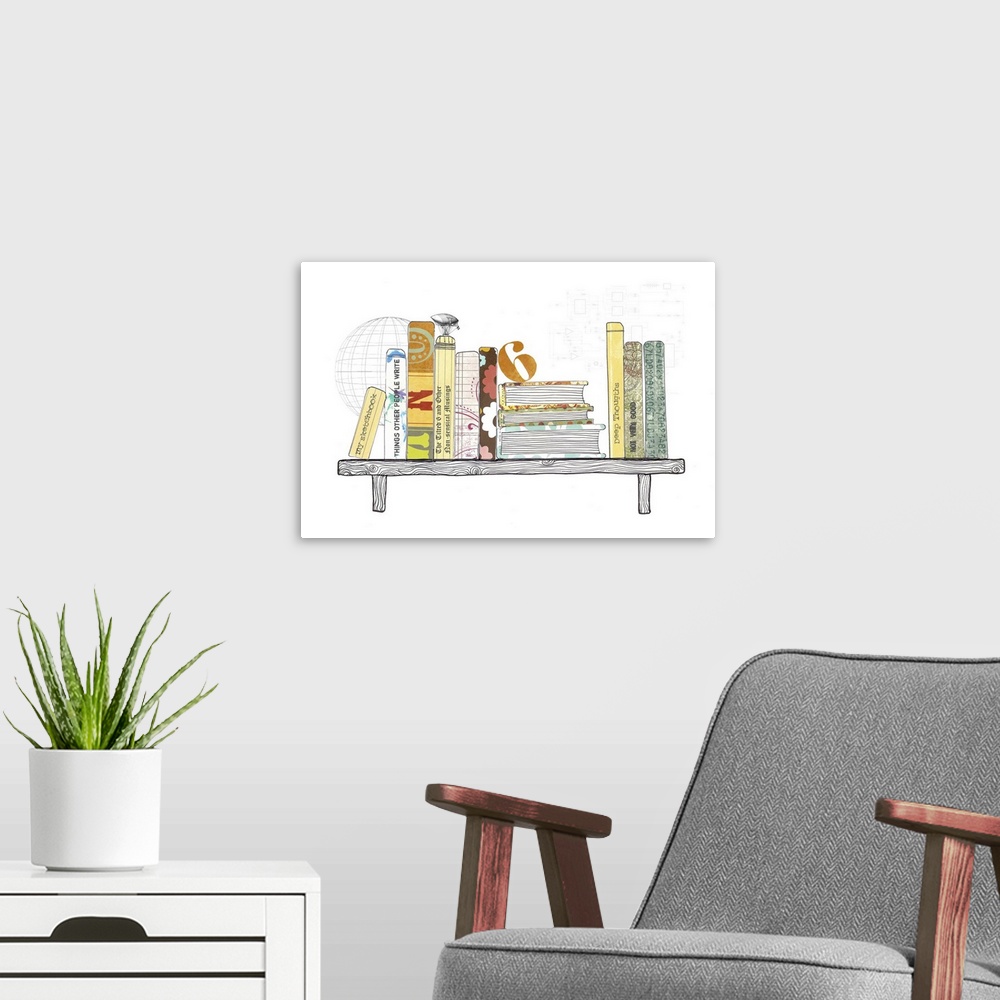 A modern room featuring A mixed media poster and art print of an interpretation of a stack of books on a shelf. Illustrat...