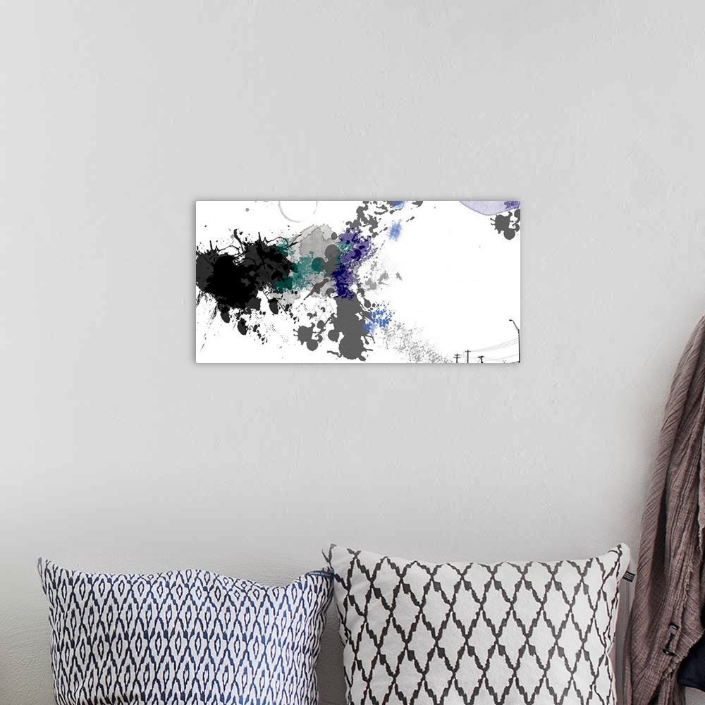 A bohemian room featuring Wide abstract painting of paint splatters, silhouettes of power lines, and street lights.
