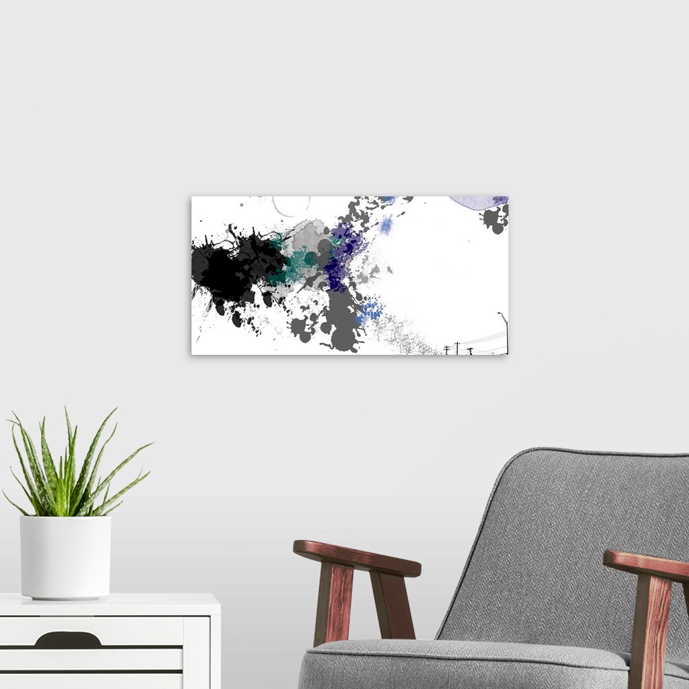 A modern room featuring Wide abstract painting of paint splatters, silhouettes of power lines, and street lights.