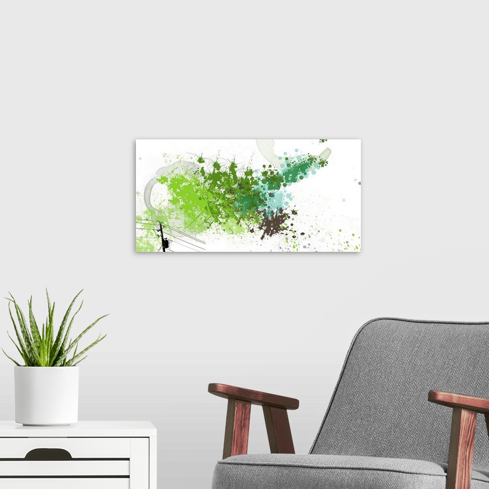 A modern room featuring This horizontal art work is created by digitally layering paint splatters and a silhouette drawin...