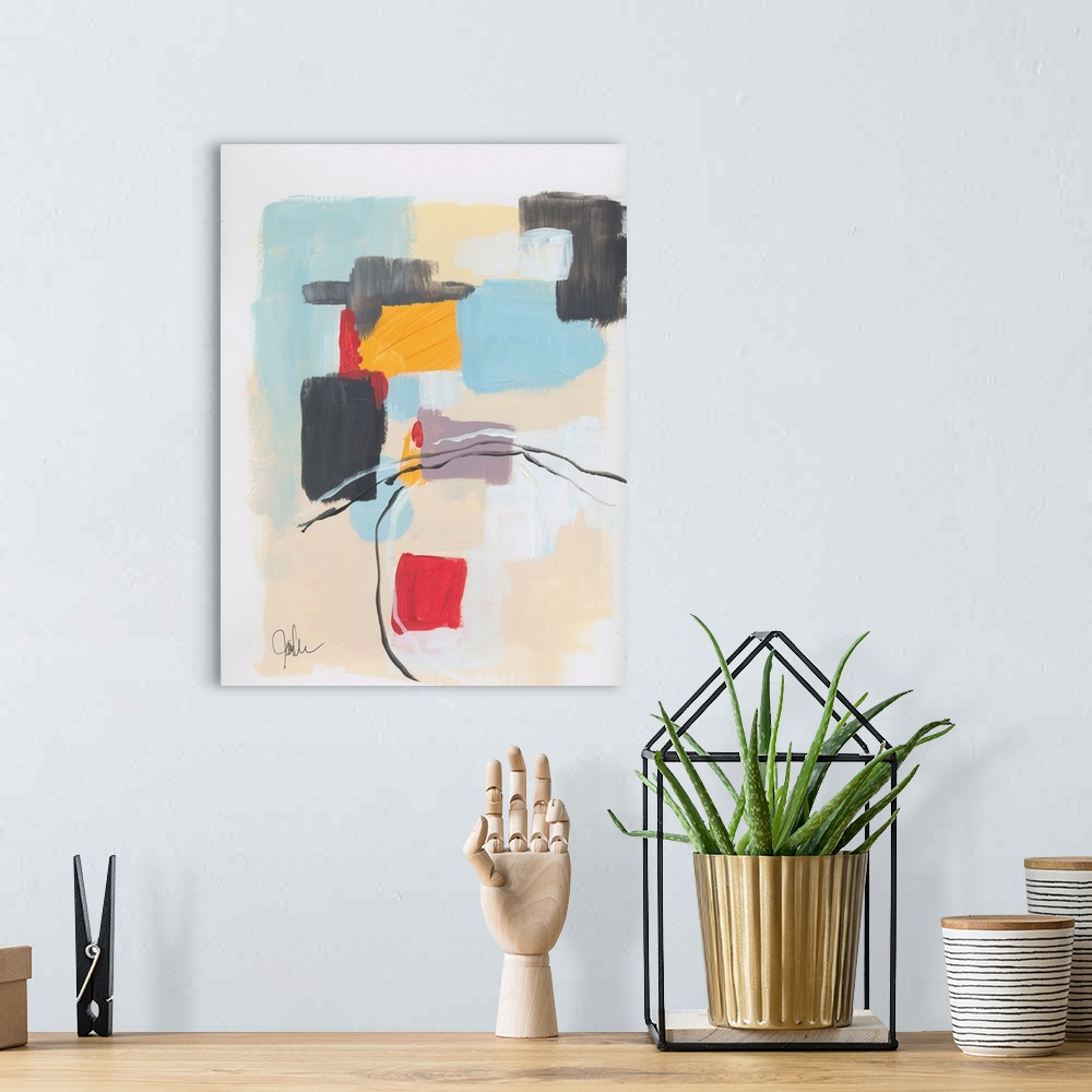 A bohemian room featuring Abstract artwork featuring blocks of color in various shapes with thin gestural brush strokes as ...