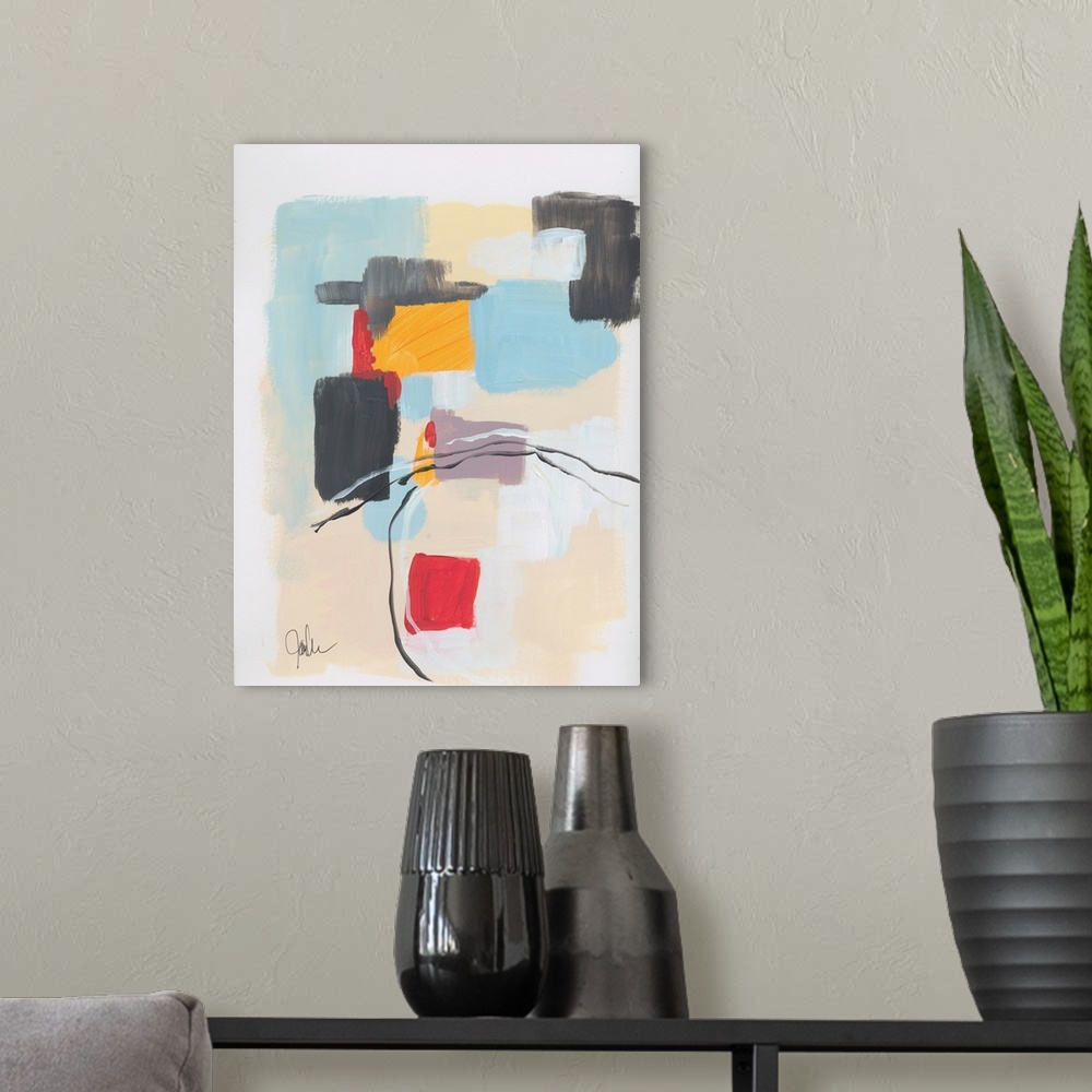 A modern room featuring Abstract artwork featuring blocks of color in various shapes with thin gestural brush strokes as ...