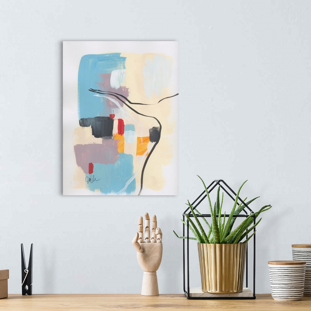 A bohemian room featuring Abstract artwork featuring blocks of color in various shapes with thin gestural brush strokes as ...