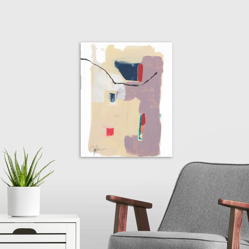 A modern room featuring Abstract artwork featuring blocks of color in various shapes with a thin gestural brush stroke as...