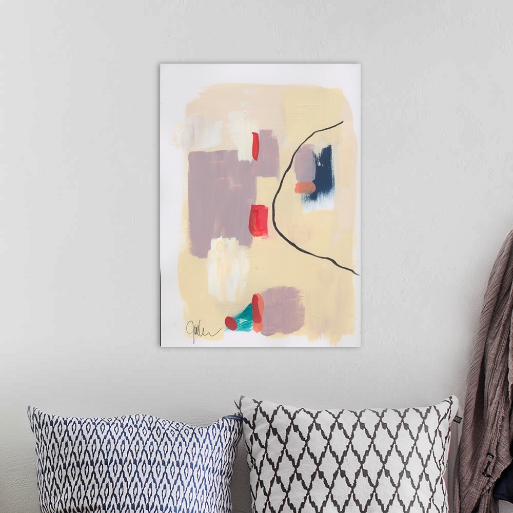 A bohemian room featuring Abstract artwork featuring blocks of color in various shapes with a thin gestural brush stroke as...