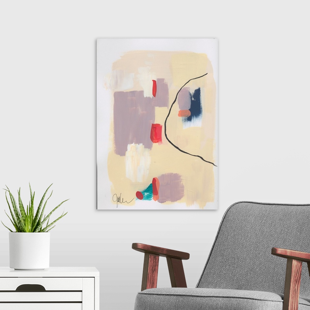A modern room featuring Abstract artwork featuring blocks of color in various shapes with a thin gestural brush stroke as...