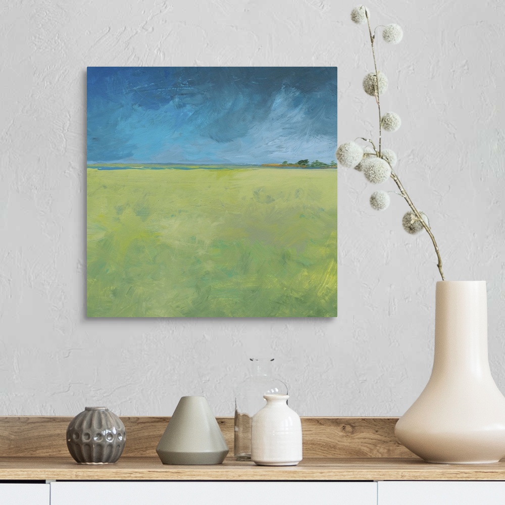 A farmhouse room featuring a minimal landscape on wood panel in acrylic. Green fields glow in fresh citrus colors after a he...