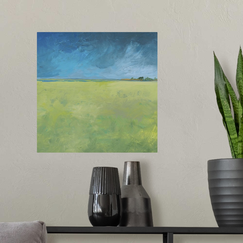 A modern room featuring a minimal landscape on wood panel in acrylic. Green fields glow in fresh citrus colors after a he...