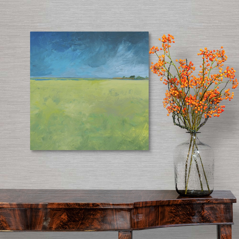 A traditional room featuring a minimal landscape on wood panel in acrylic. Green fields glow in fresh citrus colors after a he...