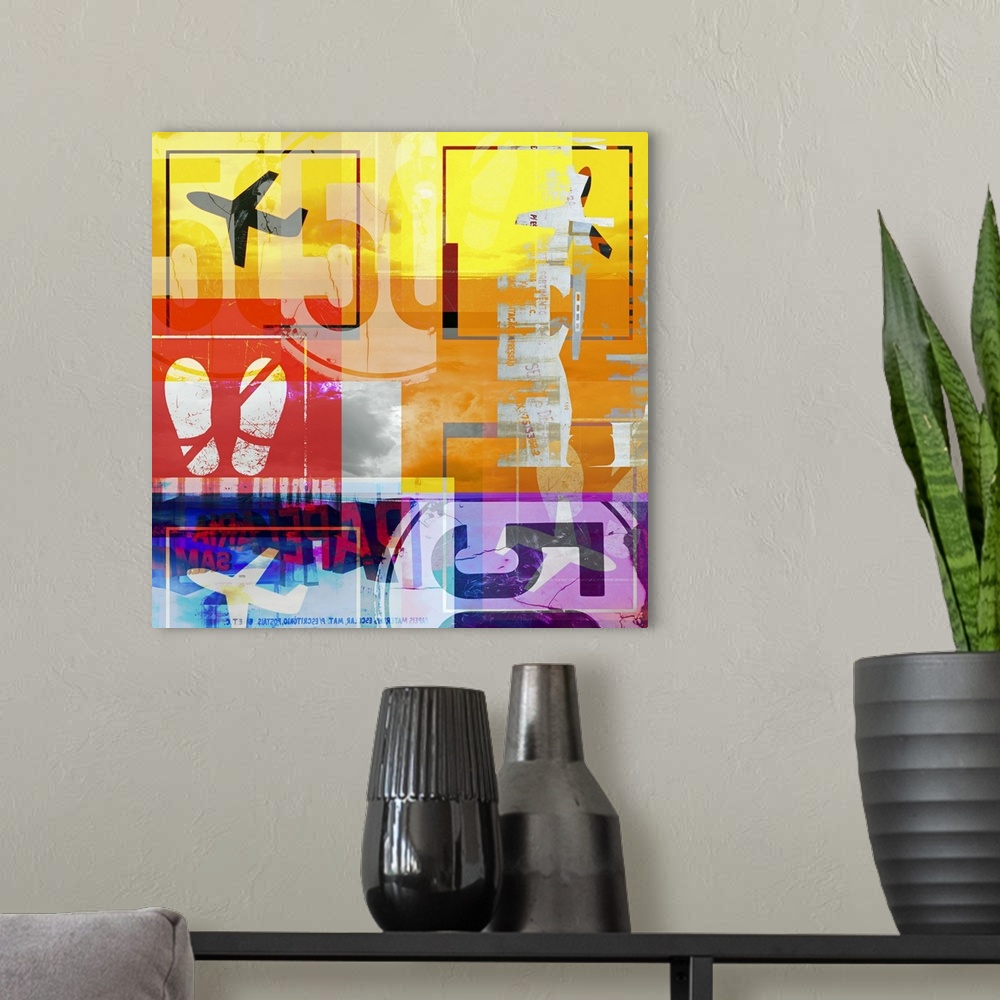 A modern room featuring Abstract artwork that shows several different blocks of color with airplanes shown in the corners...