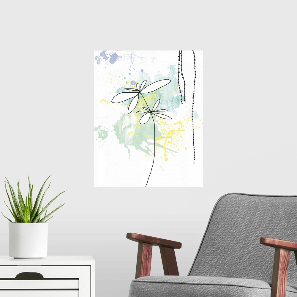 A modern room featuring Portrait, large art of paint splatters in pastel colors on a solid white background.  In front of...