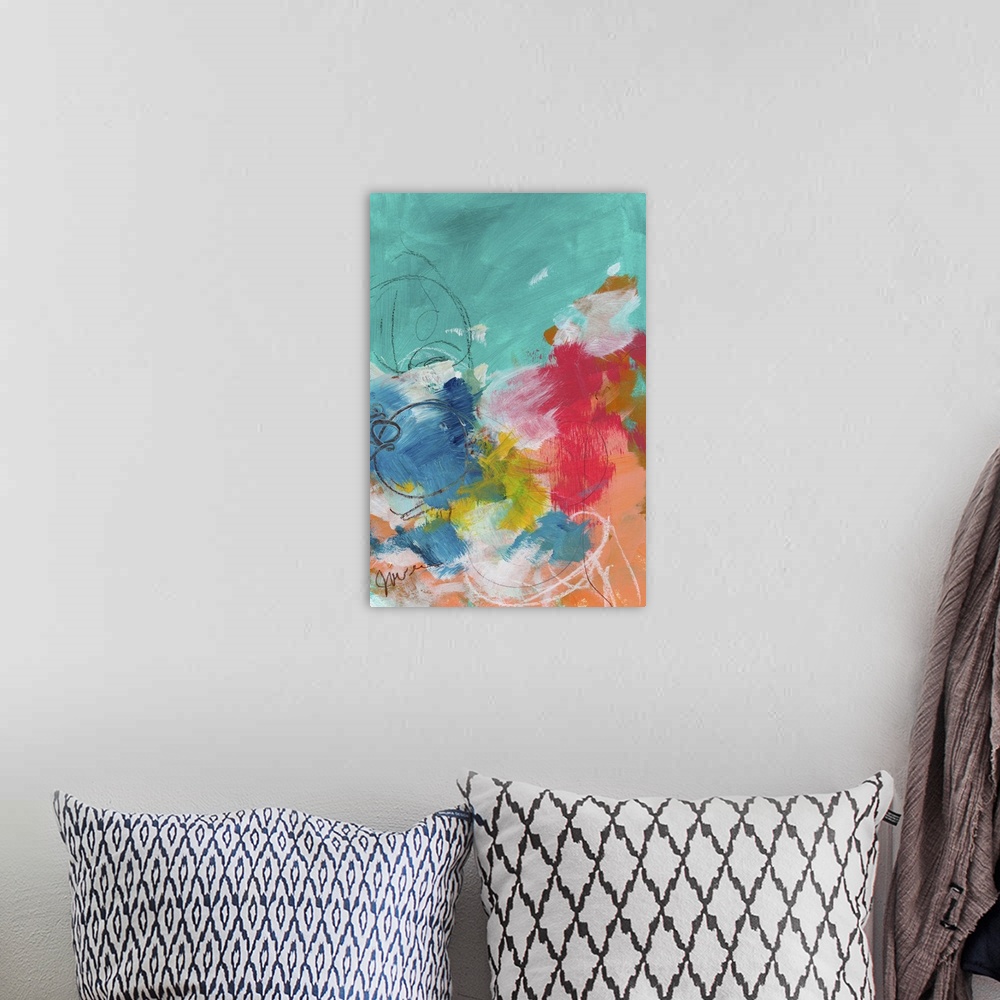 A bohemian room featuring Contemporary abstract art print of quick brushstrokes in red, blue, coral, and teal.