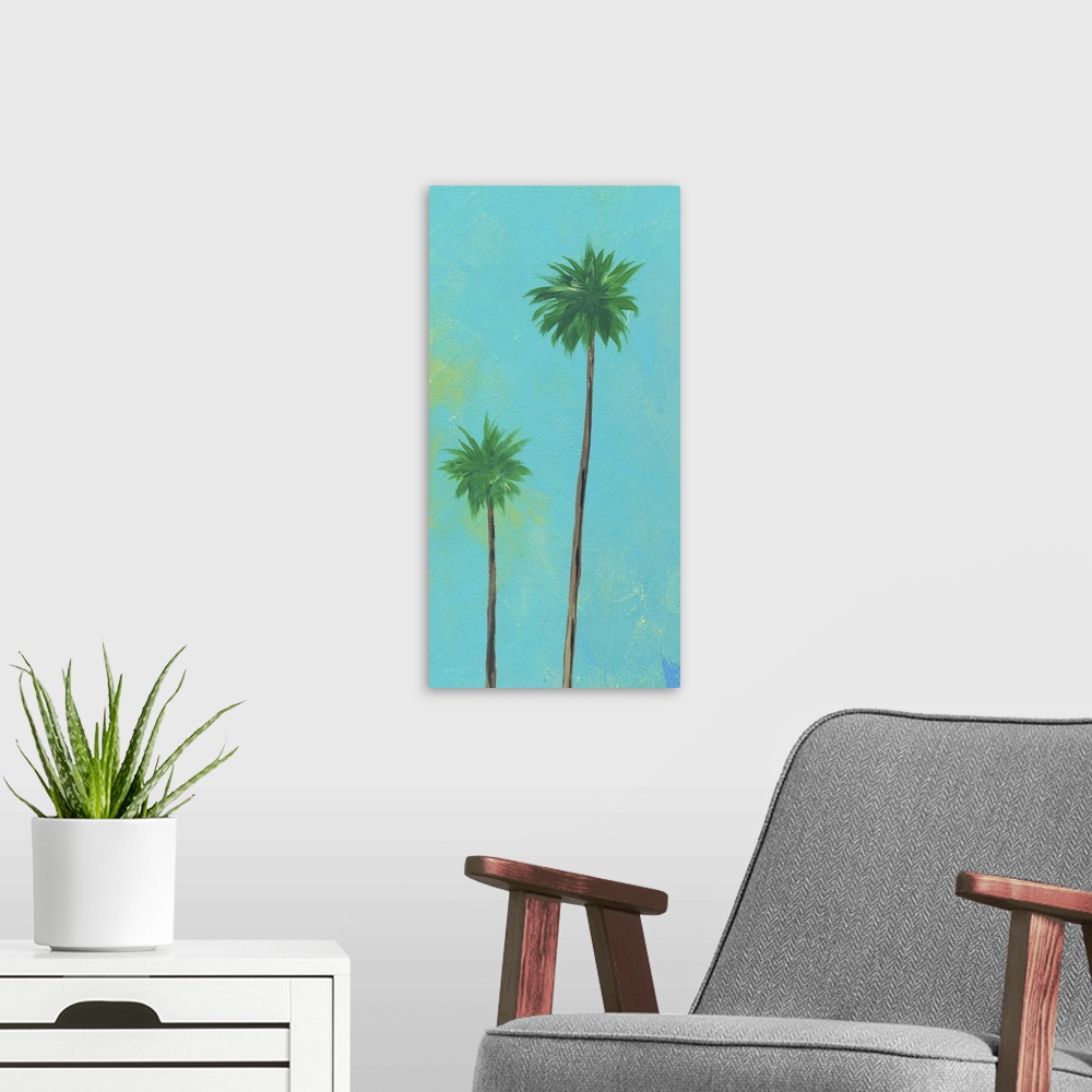 A modern room featuring Contemporary artwork of two tall palm trees with thin trunks against a blue background.