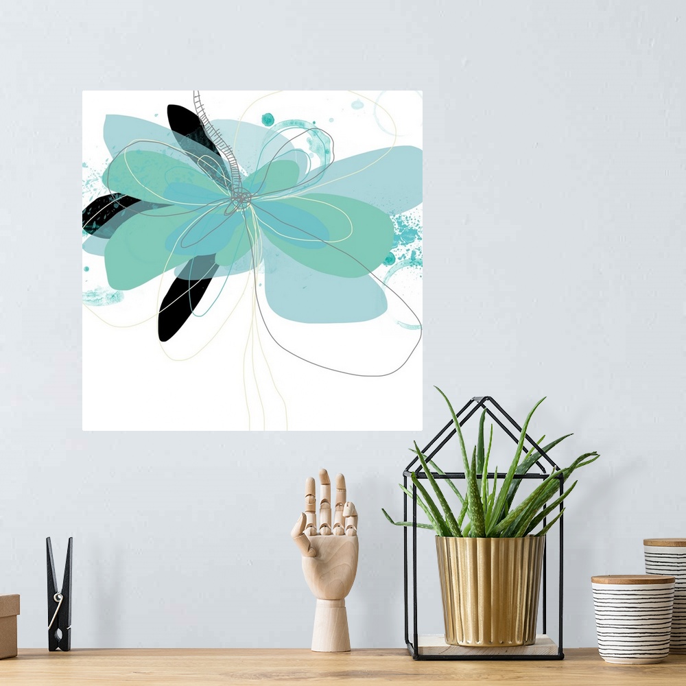 A bohemian room featuring A contemporary flower floats effortlessly on a white background. Layered in shades of aqua with b...